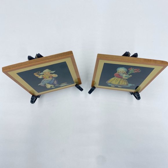 2 Small Antique Wooden Frame Swiss Girls Child Pretzel Jack Russell Terrier Dog - Picture 2 of 9